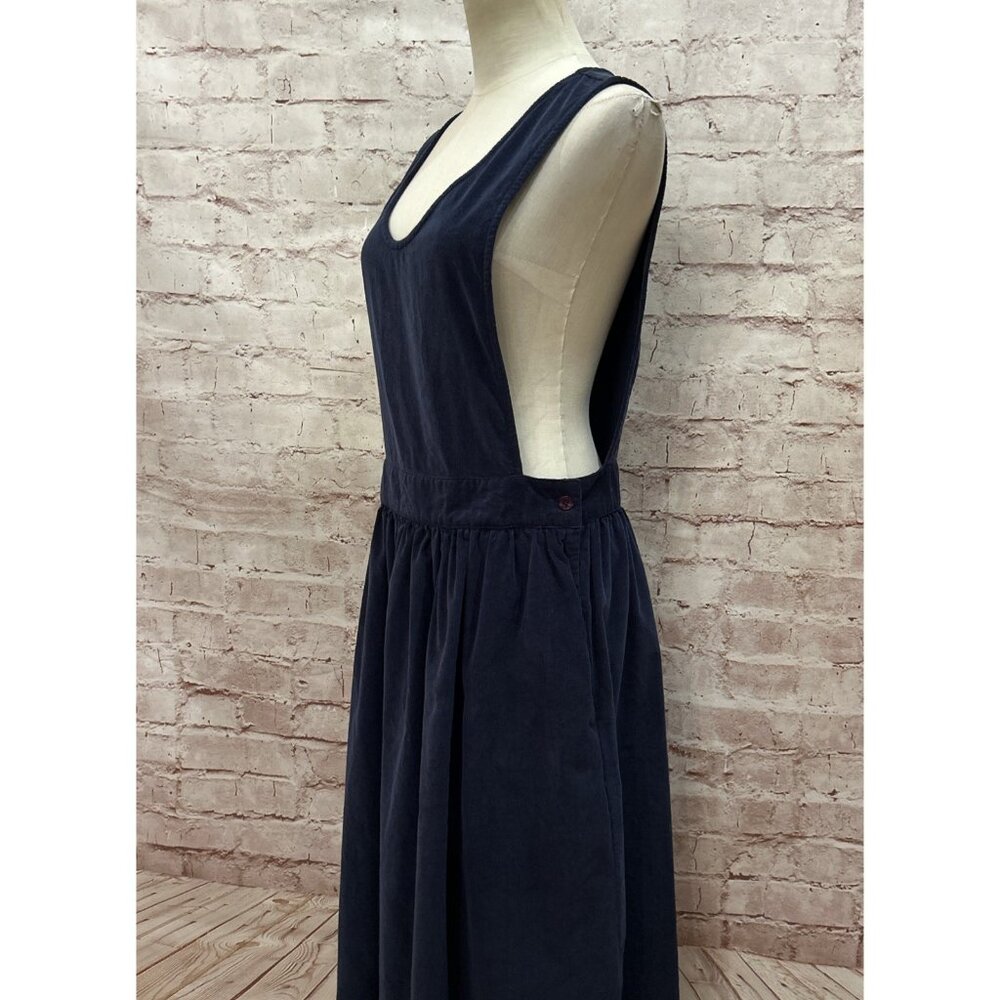 Eddie Bauer VTG Dark Blue Corduroy Jumper Pinafore Dress L Side Button Pockets